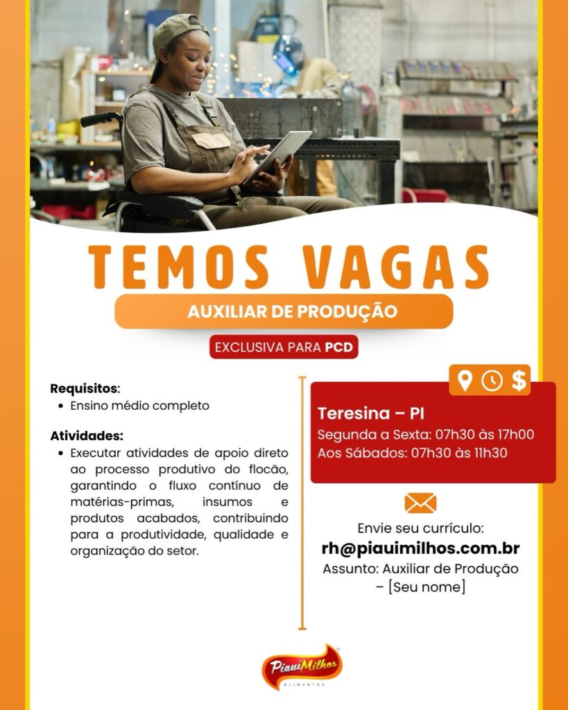 Vaga de emprego para Auxiliar de Produção (PCD)