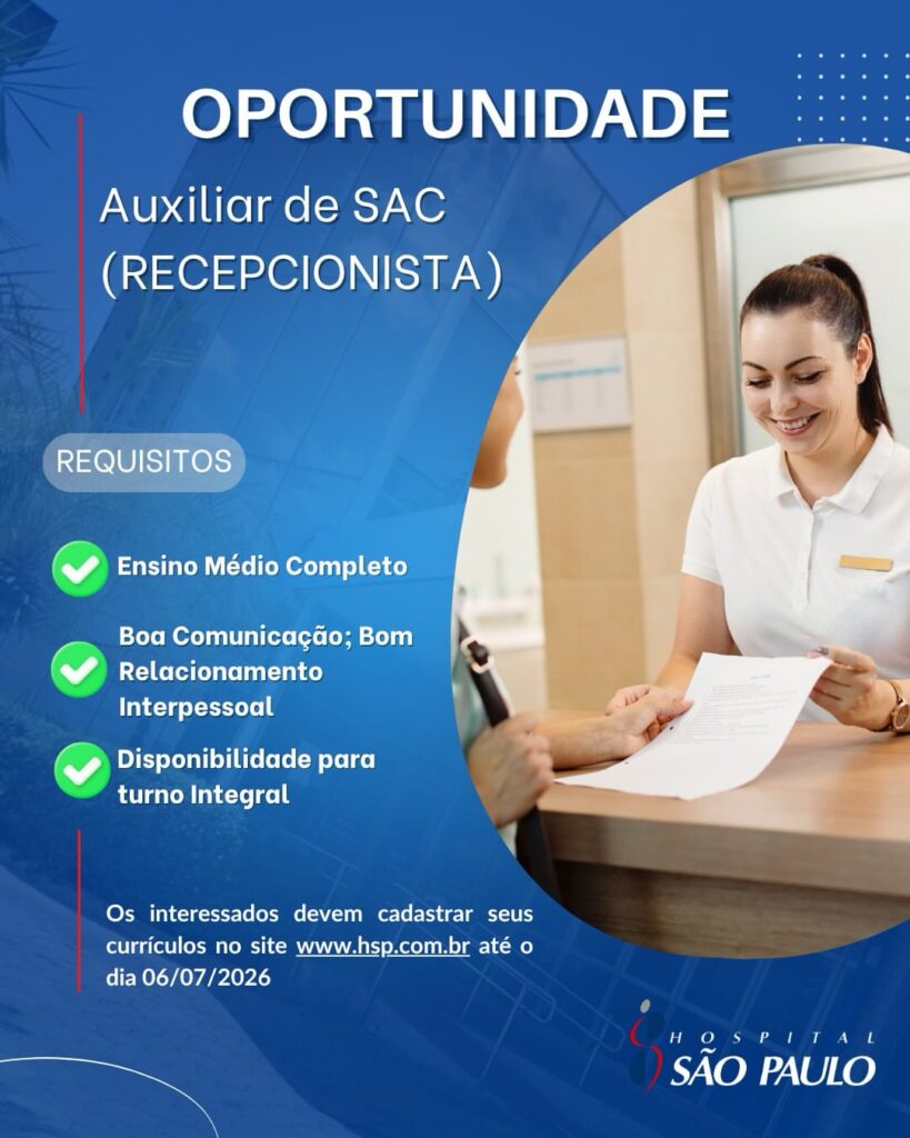 Vaga de emprego para Auxiliar de SAC (Recepcionista)