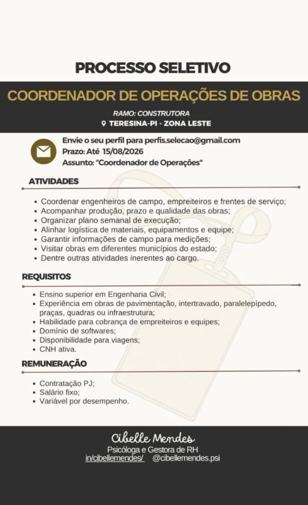 Vaga de emprego para Coordenador(a) de Operações de Obras