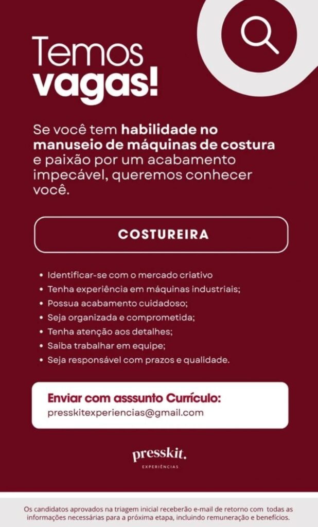 Vaga de emprego para Costureira