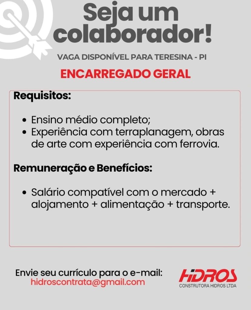 Vaga de emprego para Encarregado Geral