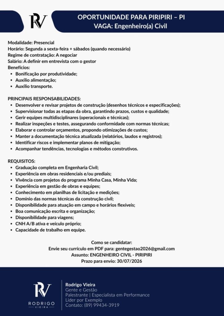 Vaga de emprego para Engenheiro(a) Civil em Piripiri