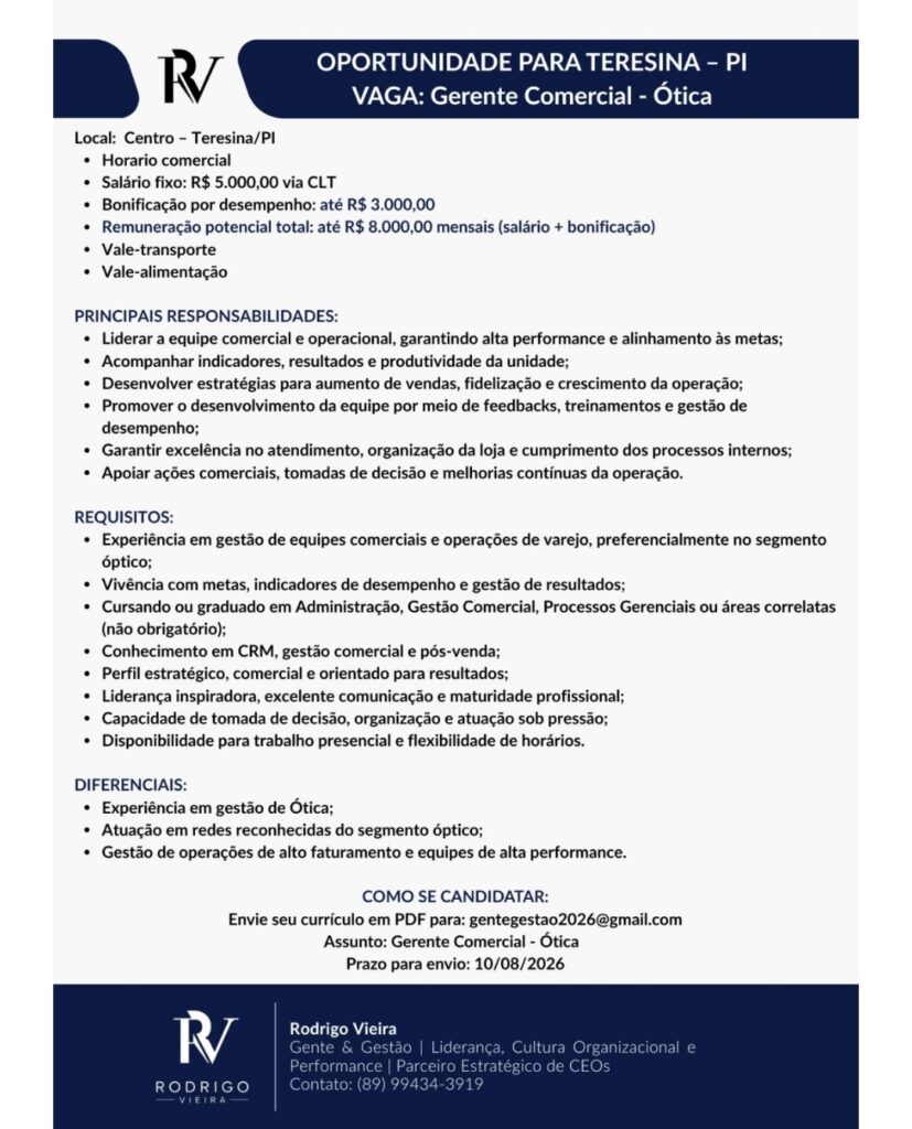 Vaga de emprego para Gerente Comercial