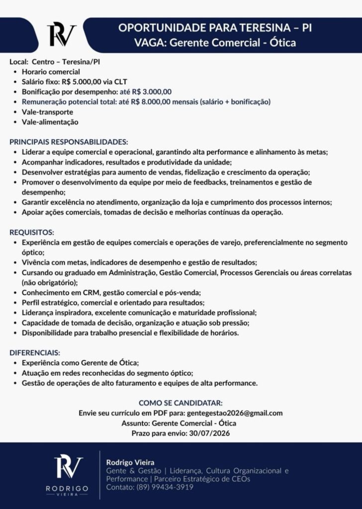 Vaga de emprego para Gerente Comercial - Ótica