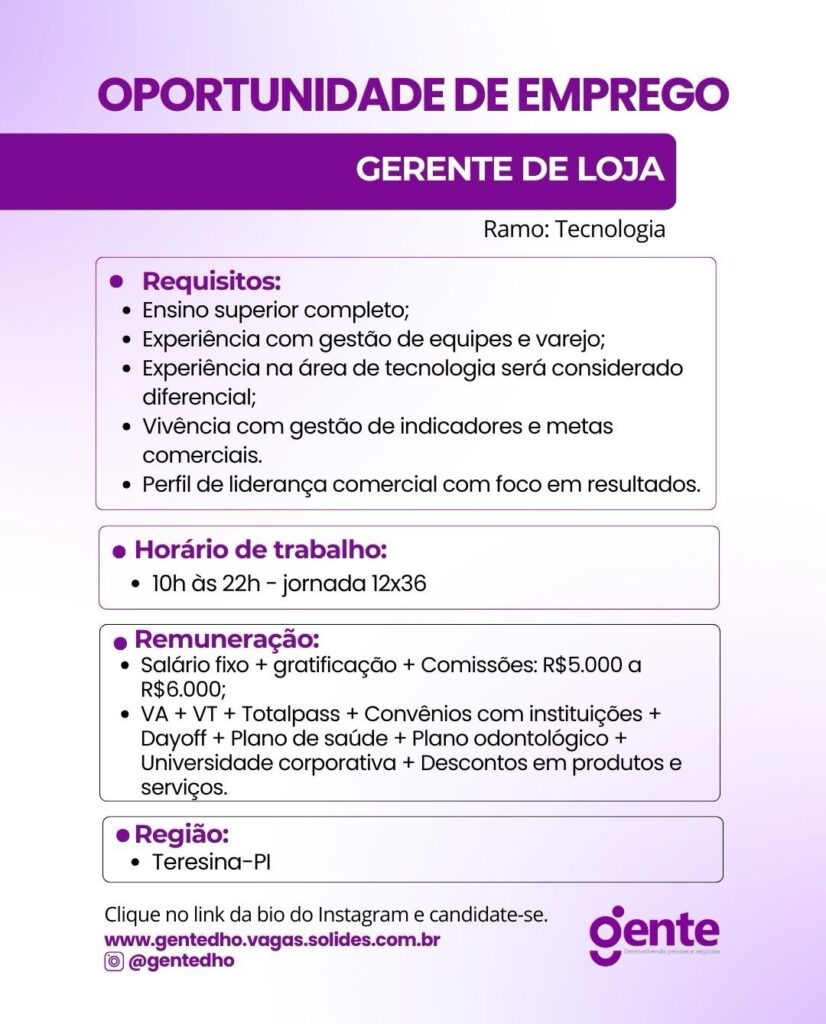 Vaga de emprego para Gerente de Loja em Teresina