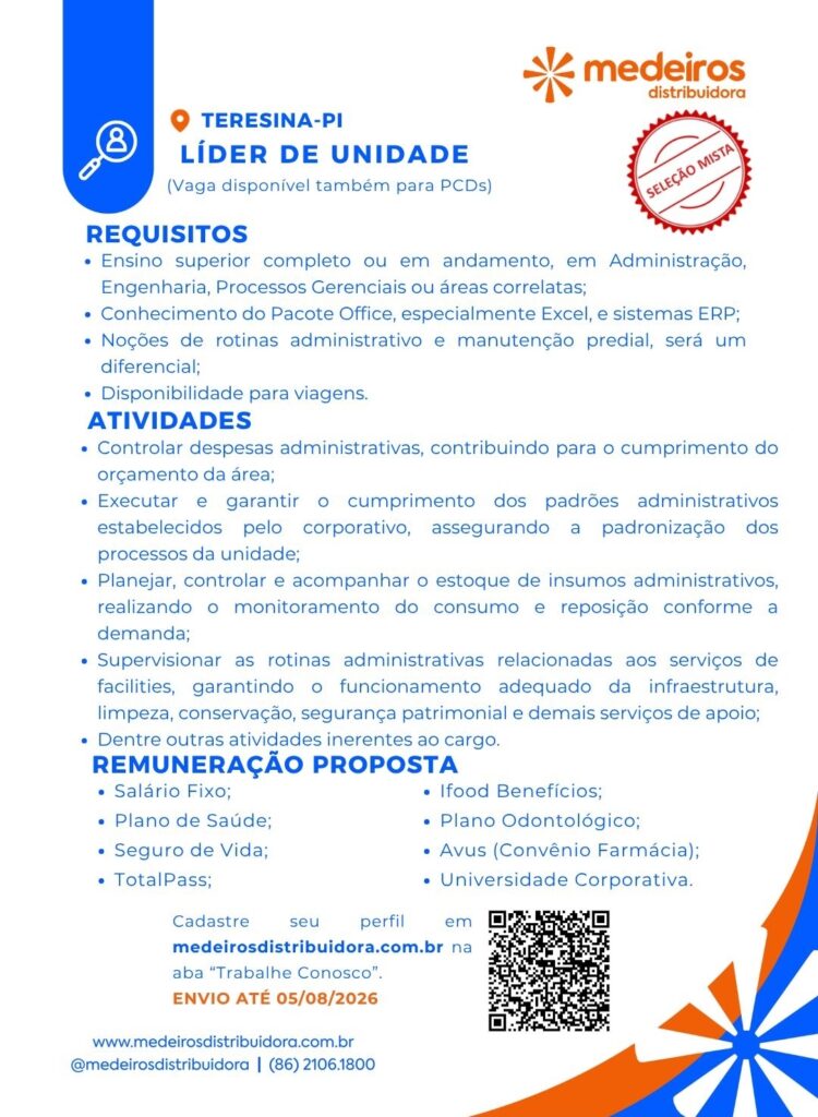 Vaga de emprego para Líder de Unidade