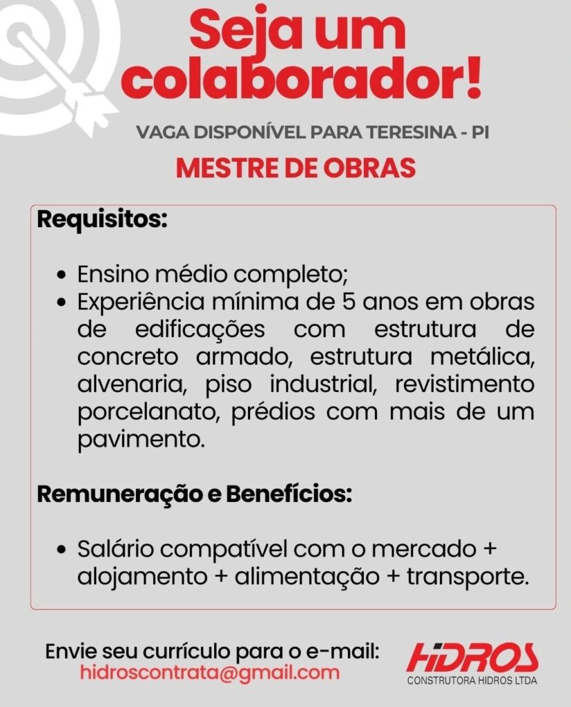 Vaga de emprego para Mestre de Obras