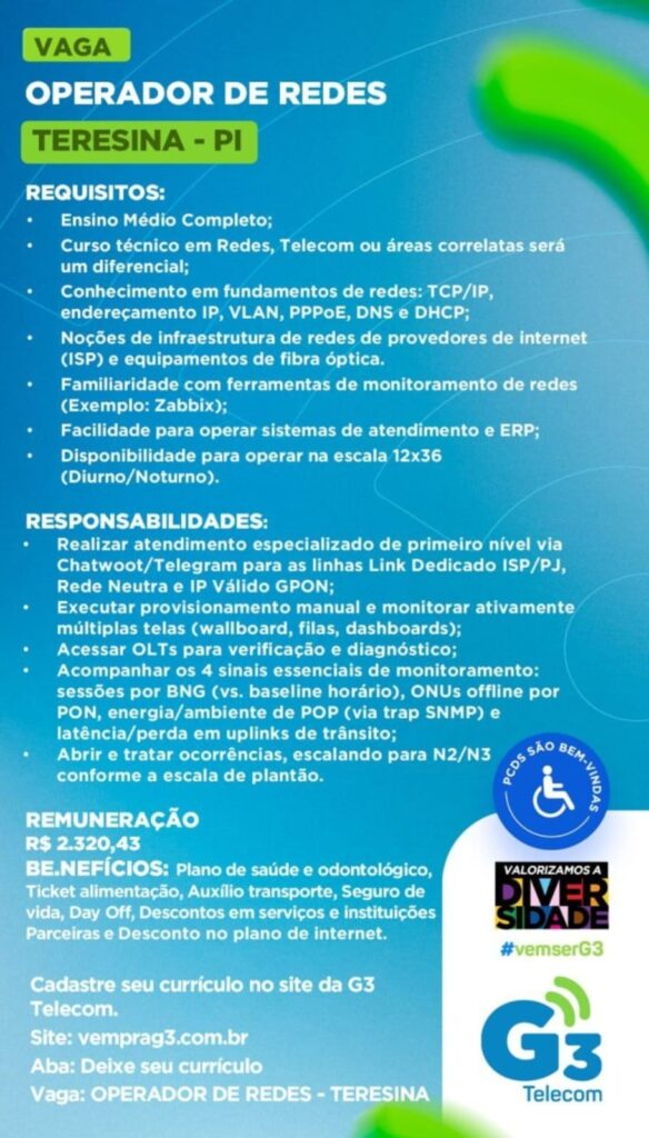 Vaga de emprego para Operador de Redes