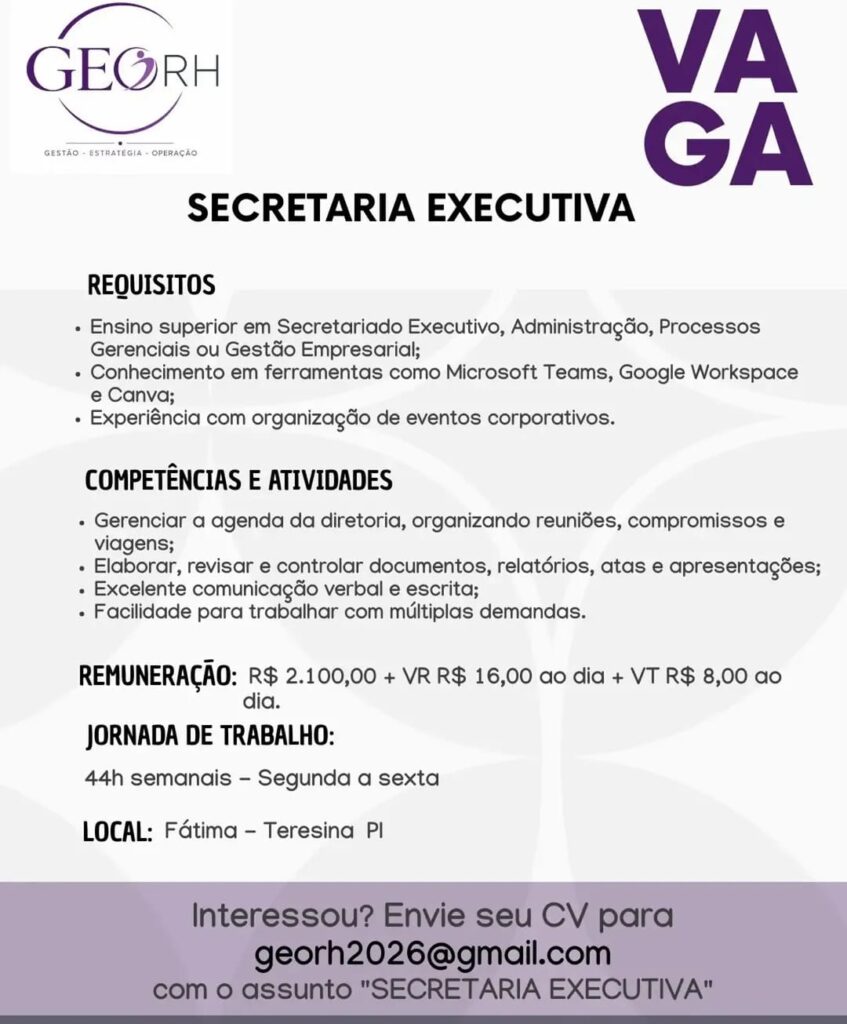 Vaga de emprego para Secretaria Executiva