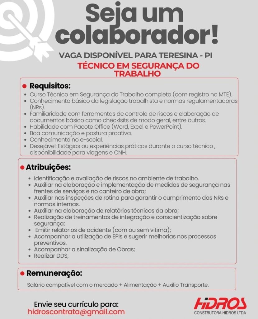 Vaga de emprego para Téc. em Segurança do Trabalho