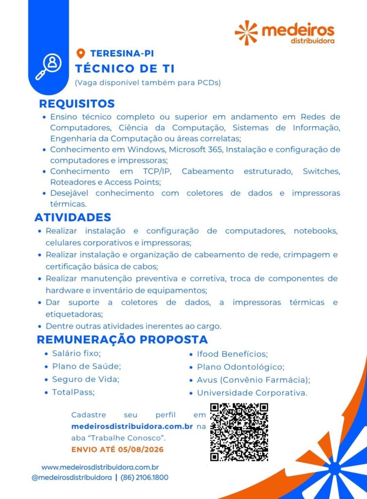 Vaga de emprego para Técnico de TI