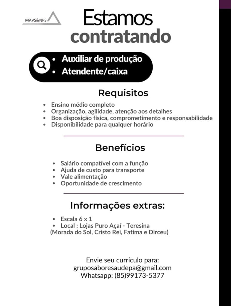Vagas de emprego para Atendente/Caixa e Auxiliar de Produção