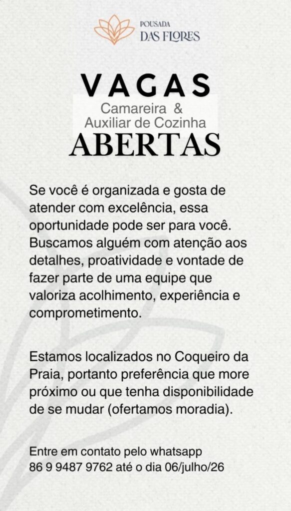 Vagas de emprego para Camareira e Auxiliar de Cozinha em Coqueiro da Praia