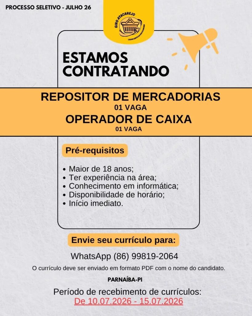 Vagas de emprego para Repositor de Mercadorias e Operador de Caixa em Parnaíba