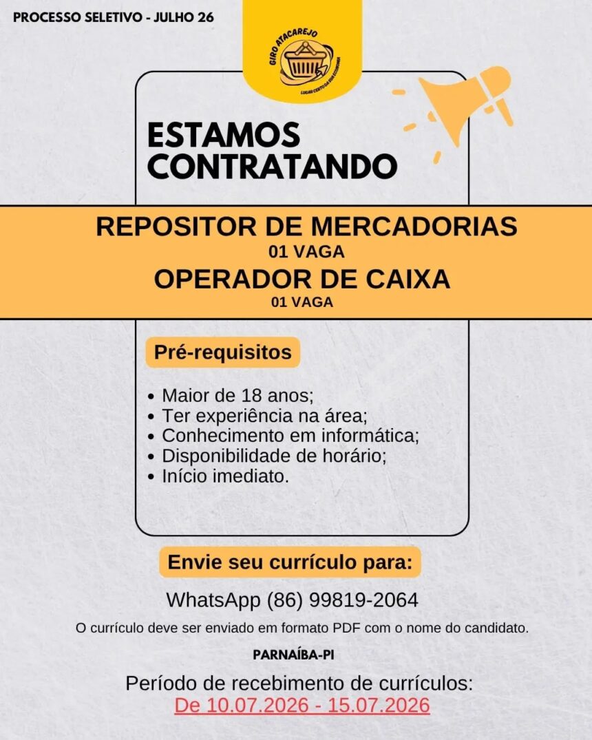 Vagas de emprego para Repositor de Mercadorias e Operador de Caixa em Parnaíba