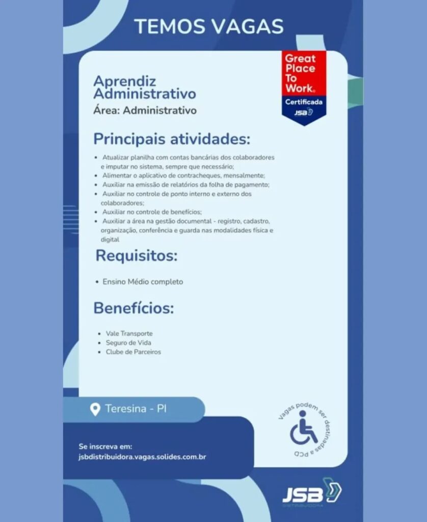 Vaga de emprego para Aprendiz Administrativo