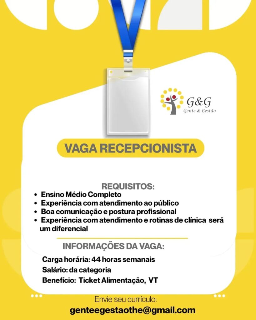 Vaga de emprego para Recepcionista