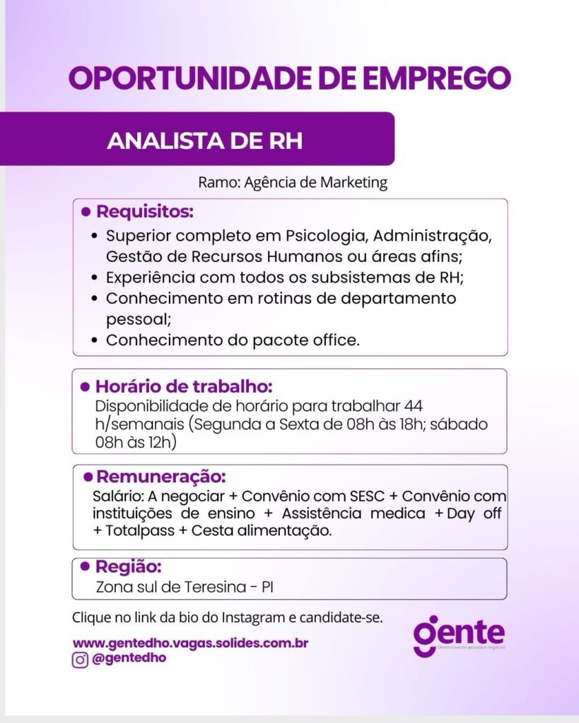 Vaga de emprego para Analista de RH em Teresina