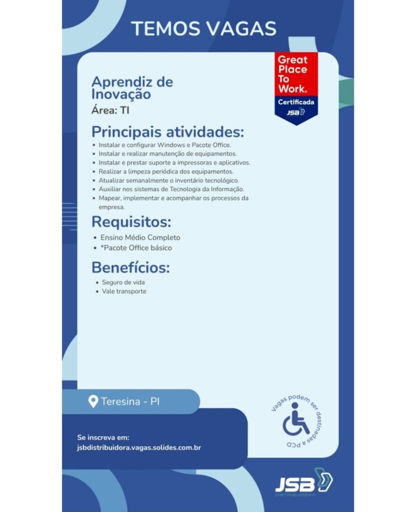 Vaga de emprego para Aprendiz de Inovação