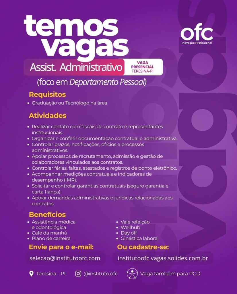 Vaga de emprego para Assistente Administrativo