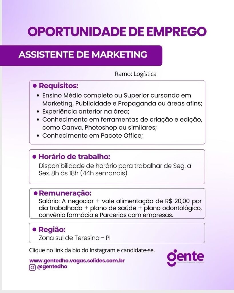 Vaga de emprego para Assistente de Marketing em Teresina