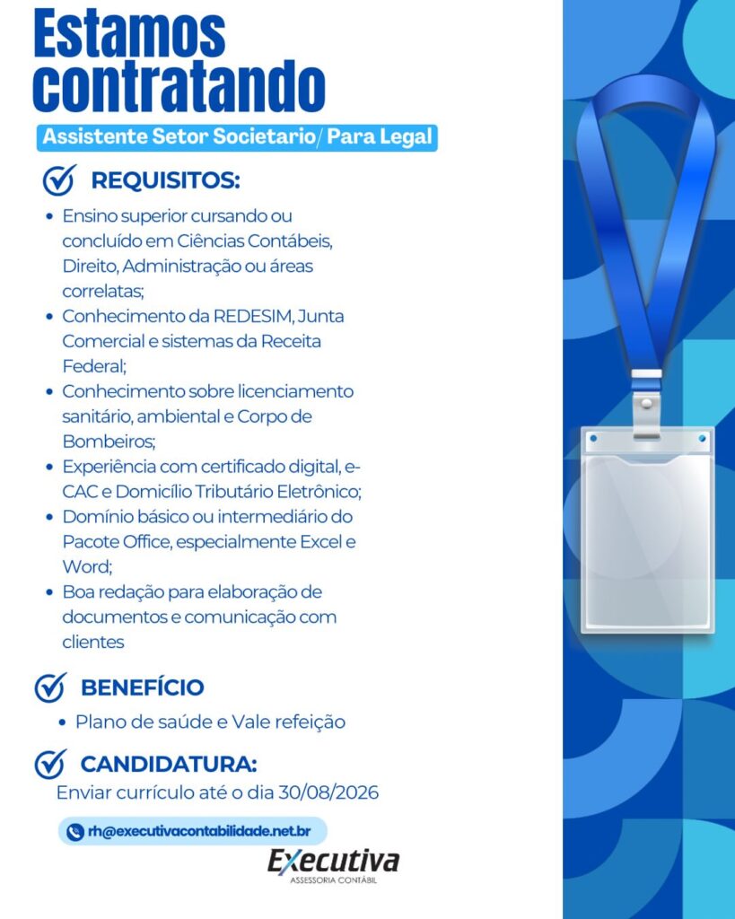 Vaga de emprego para Assistente de Setor Societario/ Para Legal