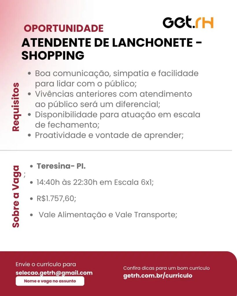 Vaga de emprego para Atendente de Lanchonete