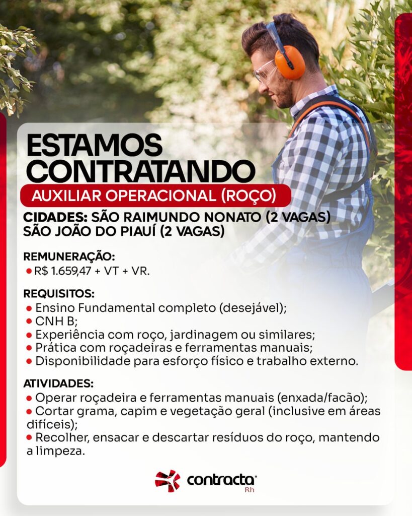 Vaga de emprego para Auxiliar Operacional (Roço) no Piauí