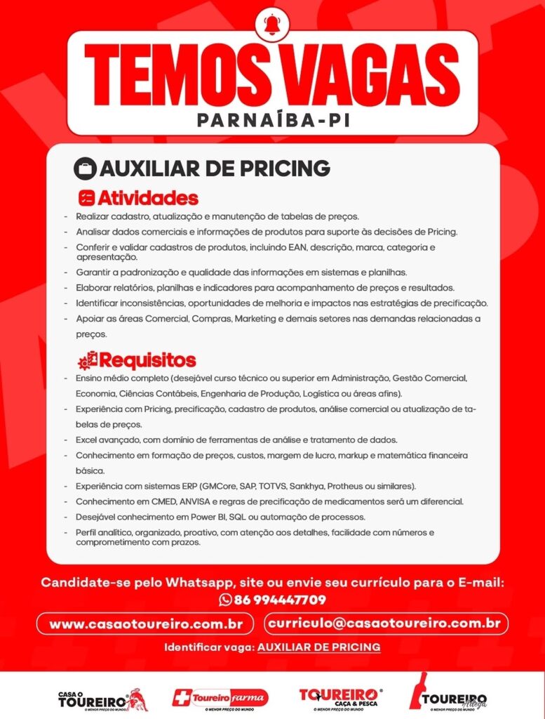 Vaga de emprego para Auxiliar de Pricing em Parnaíba