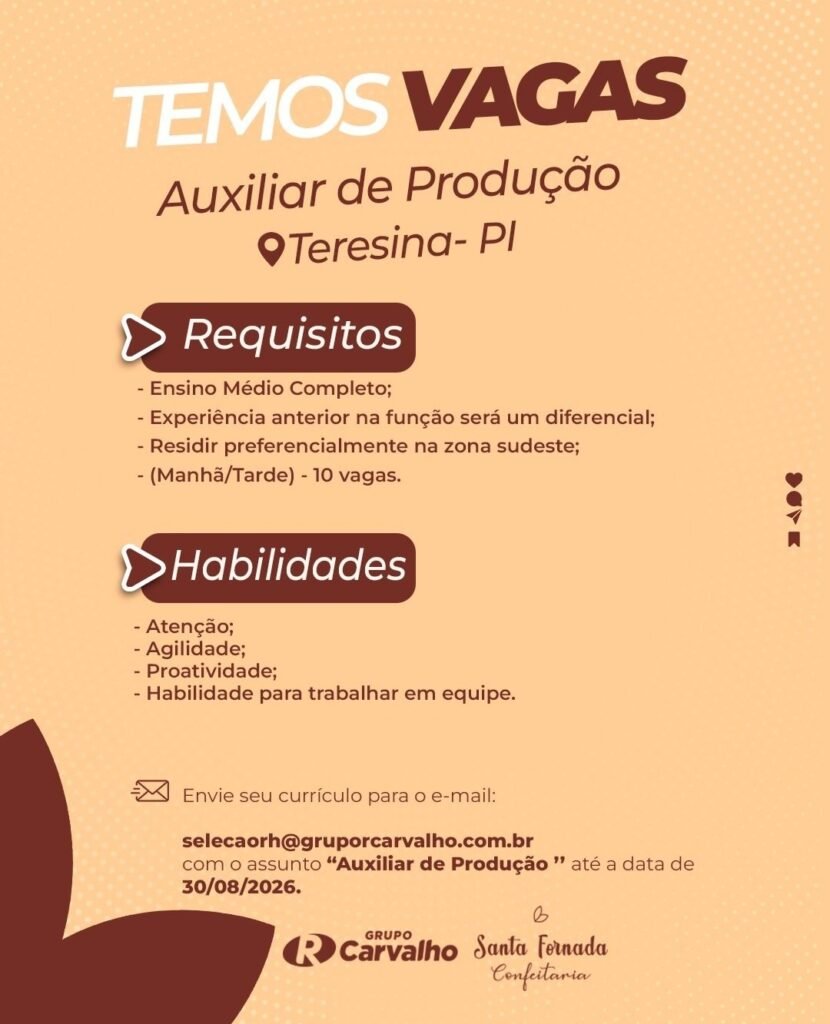 Vaga de emprego para Auxiliar de Produção em Teresina