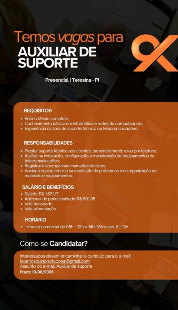 Vaga de emprego para Auxiliar de Suporte