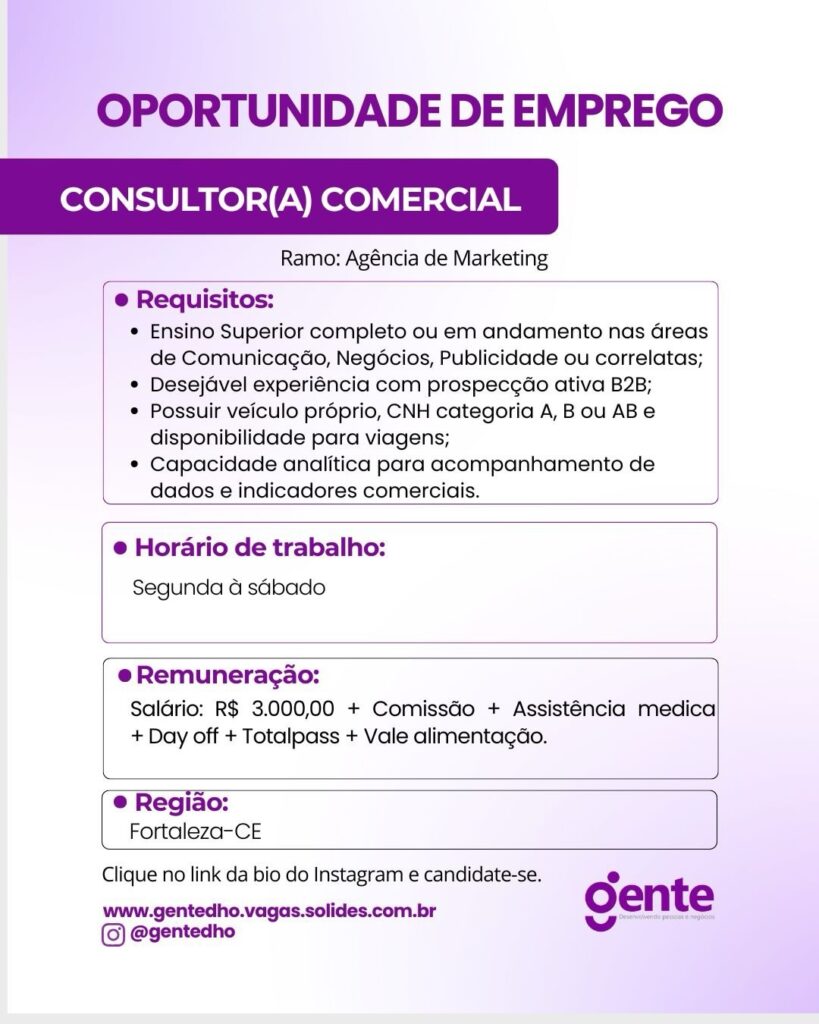 Vaga de emprego para Consultor(a) Comercial em Teresina