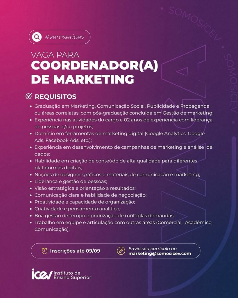 Vaga de emprego para Coordenador(a) de Marketing