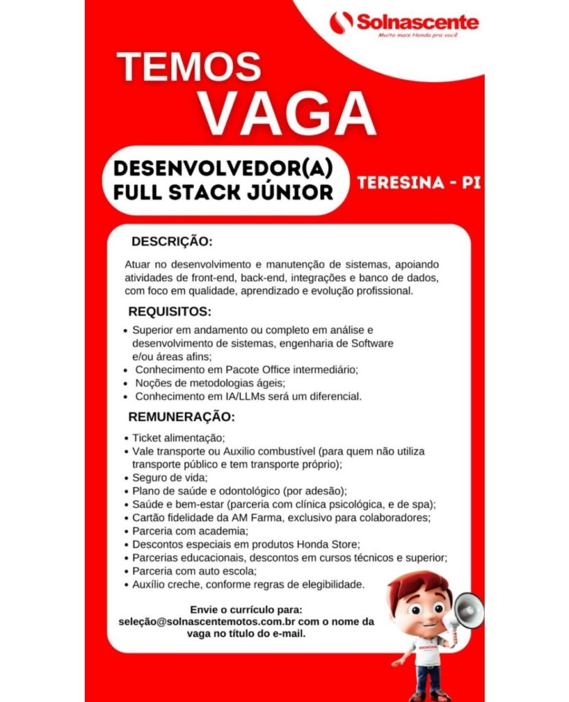 Vaga de emprego para Desenvolverdor(a) Full Stack JR