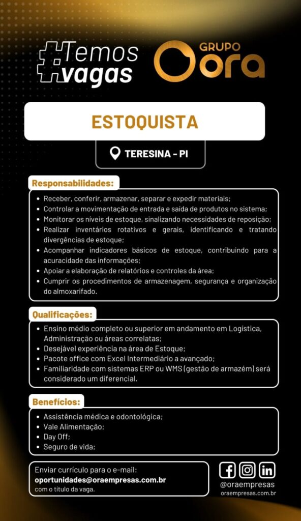 Vaga de emprego para Estoquista