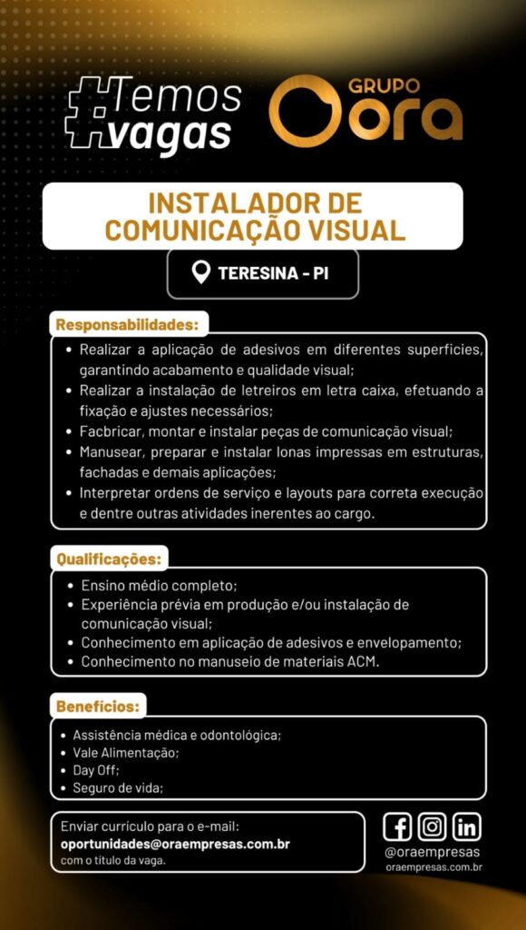Vaga de emprego para Instalador de Comunicação Visual