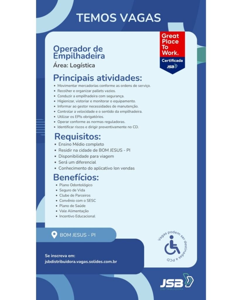 Vaga de emprego para Operador(a) de Empilhadeira em Bom Jesus