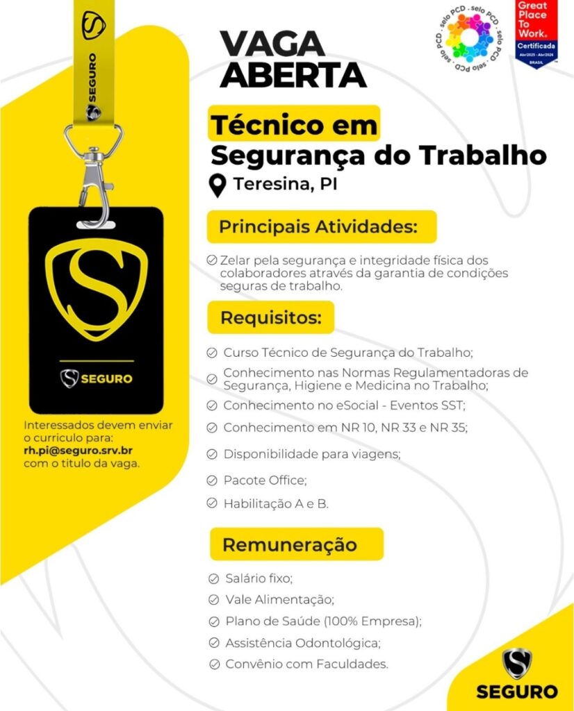 Vaga de emprego para Téc. em Segurança do Trabalho