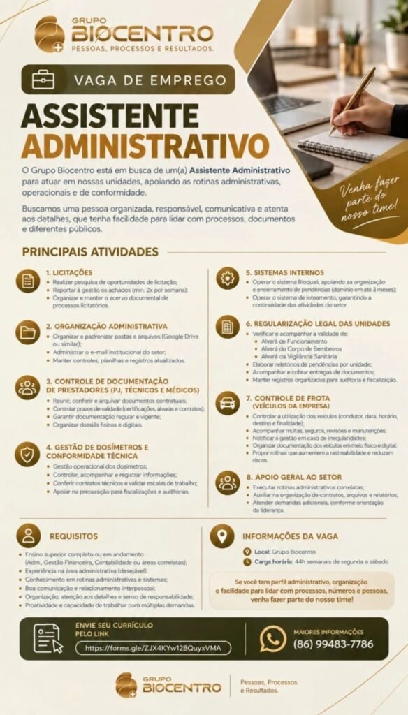 Vaga de emprego para Assistente Administrativo