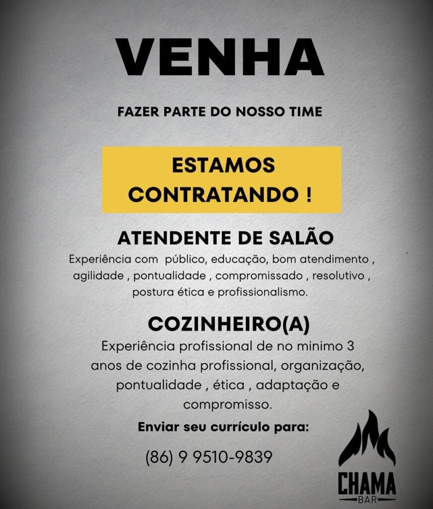 Vagas de emprego para Atendente de Salão e Cozinheiro(a)