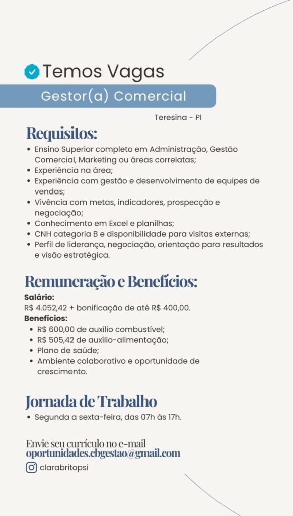 Vaga de emprego para Gestor(a) Comercial