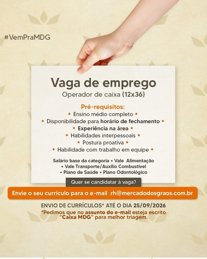 Vaga de emprego para Operador de Caixa