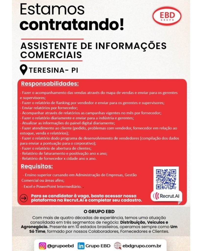 Vaga de emprego para Assistente de Informações Comerciais