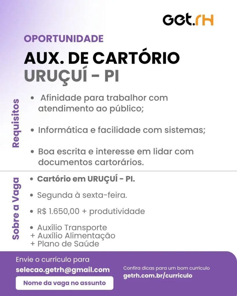 Vaga de emprego para Aux. de Cartório em Uruçuí