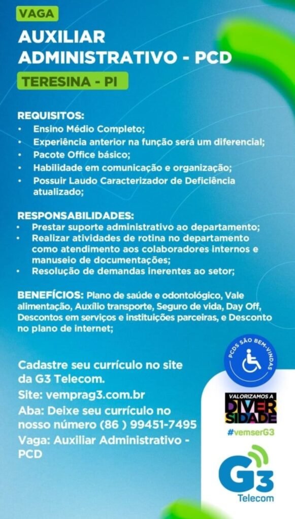 Vaga de emprego para Auxiliar Adm (PCD)