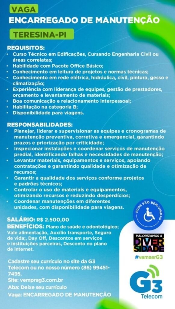 Vaga de emprego para Encarregado de Manutenção