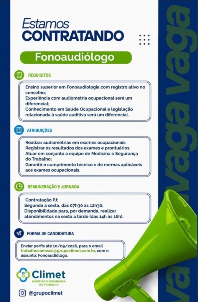 Vaga de emprego para Fonoaudiólogo