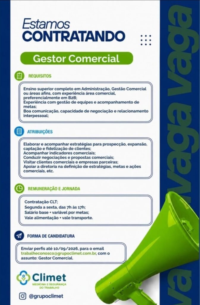 Vaga de emprego para Gestor Comercial