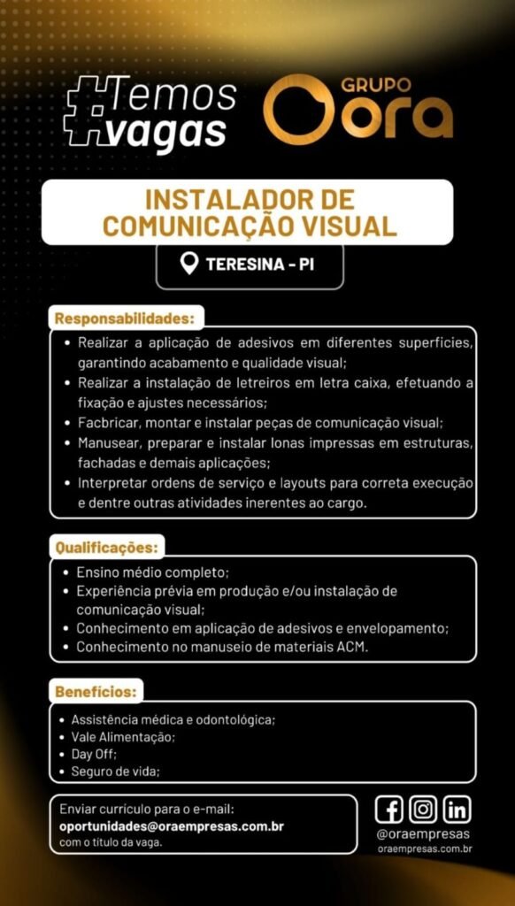 Vaga de emprego para Instalador de Comunicação Visual
