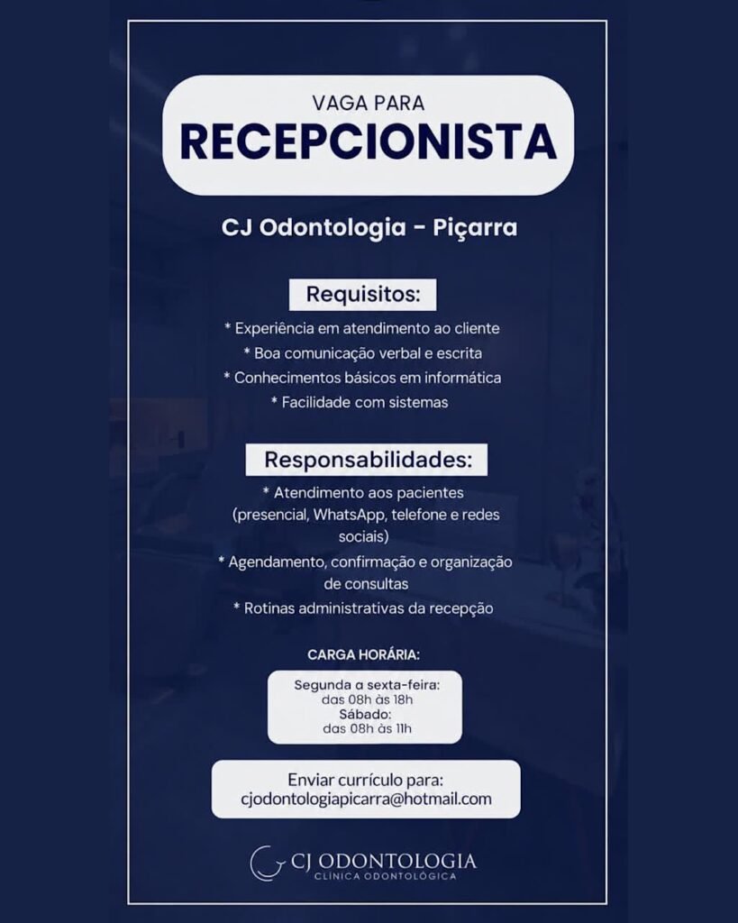 Vaga de emprego para Recepcionista